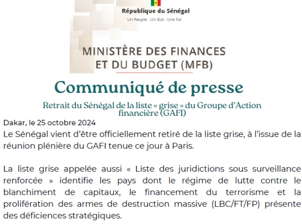Retrait du Sénégal de la liste « grise » du Groupe d’Action Financière (GAFI)